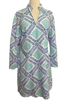 Mahi Gold Tunic Dress Blue Bluegreen Geometric Design Resortwear Women sz Large
